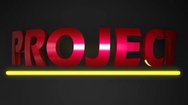 Siyah arkaplanda sarı çubuk ışığıyla PROJECT kırmızı metalik yazı - 3 boyutlu resimleme