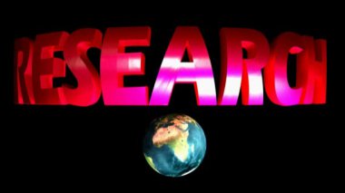 Siyah zemin üzerinde kırmızı harflerle RESEARCH yazılıyor, Dünya gezegeni dönüyor - 3 boyutlu video klip animasyonu - NASA 'dan Dünya haritası