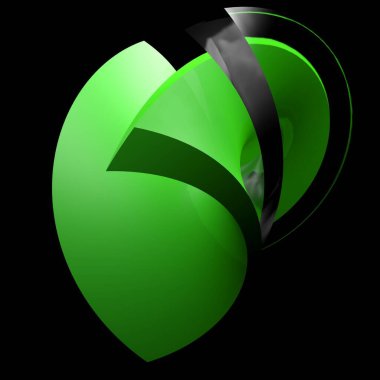 Siyah zemin üzerinde kırmızı ve cam yüzeyi olan yeşil kalp şekilli soyut simge - 3 boyutlu resimleme