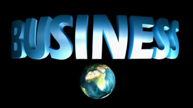 BUSINESS 'i mavi parlak harflerle, siyah arkaplanda, dönen gezegen Dünya ile - 3D görüntüleme video animasyonu - NASA' dan Dünya haritası
