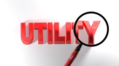 Beyaz yüzeyde, büyüteç altında UTILITY kırmızı yazı - 3 boyutlu resimleme