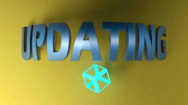 Sarı zemin üzerinde mavi parlak harflerle UPDATING yazmak, kırmızı ışıklı bir kablo küp yapısı - 3 boyutlu video klip canlandırması