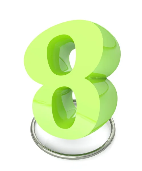 白色の背景に金属製の円の上に8番目の緑 3Dレンダリングイラスト — ストック写真