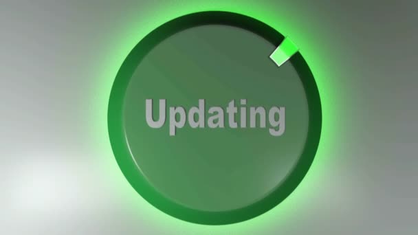 一个绿色圆形按钮 带有绿色发光光标 在白色背景上旋转 带有写入的Updating 3D渲染说明 — 图库视频影像