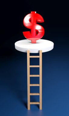 Uçan bir platformun tepesindeki kırmızı dolar işaretine ulaşacak merdiven - 3 boyutlu resimleme