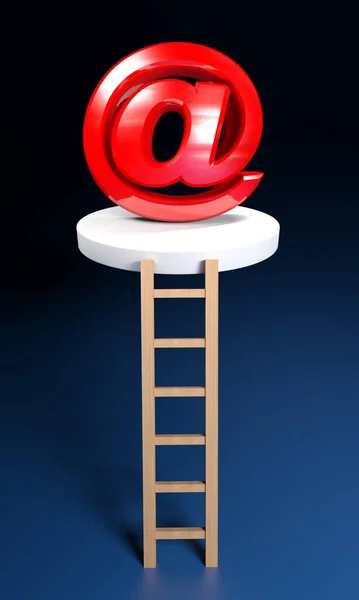 wooden ladder climbing up to the at e-mail red sign - 3D rendering illustration