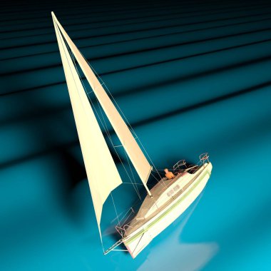 Gece mavi denizde yelken açan yelkenli - 3 boyutlu çizim