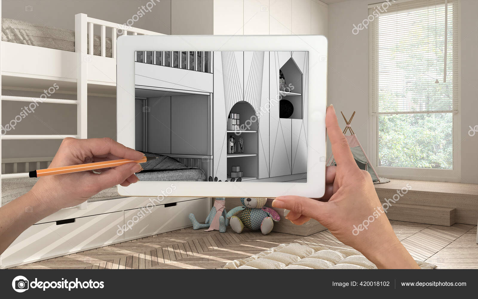 Hands Holding Drawing Tablet Showing Children Bedroom Bunk Bed Details
