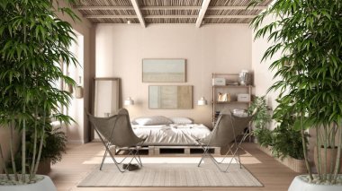 Zen iç döşemesi, saksı bambu bitkisi, doğal iç tasarım konsepti, modern rustik ahşap yatak odası, ekolojik sürdürülebilir parke döşeme, diy palet yatağı, koltuklar, iç tasarım fikri