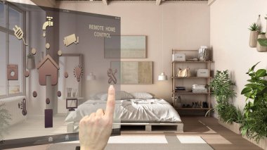 Akıllı ev kontrol konsepti, mobil uygulamadan el kontrollü dijital arayüz. Arka planda rengarenk döşeği, halısı, mimari iç tasarımı olan taşra yatak odası görülüyor.