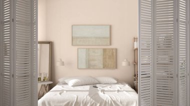 Beyaz katlanır kapı kırsal ahşap yatak odasına açılıyor. Yorgan ve yastıklı yumuşak yatak odası, ayna ve raflar, iç tasarım, mimar tasarım konsepti, bulanık arka plan.