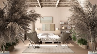 Çakıl taşları, kuru bitkiler, süs, kulaklar, kılıf, ülkenin kırsal kesiminde beyaz yorgan ve yastıklı diy palet yataklı bir vazo, modern iç tasarım.