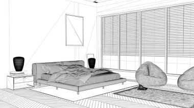 Proje taslağı, modern yatak odası, büyük panoramik pencere, çift katlı halı ve puf, herringbone parke döşeme, minimal iç tasarım, rahatlama konsepti fikri, mimari
