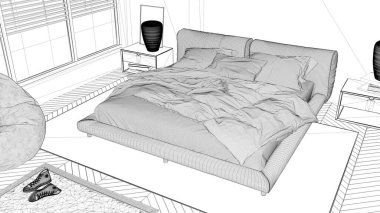 Proje taslağı, modern yatak odası, büyük panoramik pencere, halı ve pouf yatağı, herringbone parke tabanı, minimal iç tasarım, plan, üst manzara, mimari