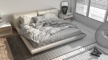 Mimari iç mimar konsepti: tamamlanmamış proje gerçek, modern yatak odası, büyük panoramik pencere, halı ile çift yatak, minimal iç tasarım, üst görünüm, plan, yukarıda