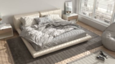 Arka plan bulanık iç mimari, modern yatak odası, büyük panoramik pencere, çift katlı halı ve puf, parke döşeme, minimal iç tasarım, mimari, plan, üst görünüm, yukarıda