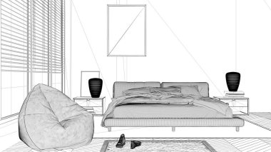 Proje taslağı, modern yatak odası, panoramik pencere, halı ve puf kaplı çift yatak, herringbone parke döşeme, minimal iç tasarım, rahatlama konsepti fikri, mimari