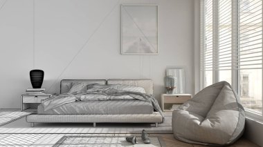 Mimari iç mimar konsepti: tamamlanmamış proje gerçek, modern yatak odası, büyük panoramik pencere, halı ve puf, parke, minimal iç tasarım