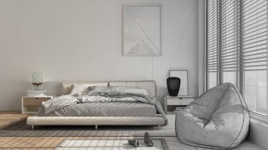 Mimari iç mimar konsepti: tamamlanmamış proje gerçek, modern yatak odası, büyük panoramik pencere, halı ve puf, parke, minimal iç tasarım