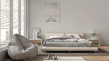 Arka plan bulanık tasarım, modern yatak odası, büyük panoramik pencere, halı ve puf ile çift yatak, herringbone parke döşeme, minimal iç tasarım, rahatlama fikri, mimari