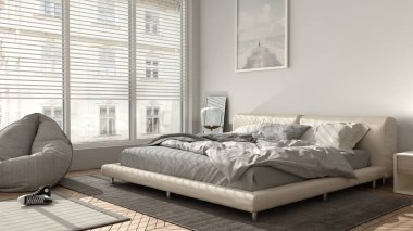Parlak pastel tonlarda modern yatak odası, büyük panoramik pencere, halı ve puf ile çift yatak, herringbone parke döşeme, minimal iç tasarım, rahatlama konsept fikri