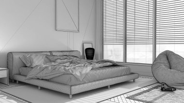 Modern yatak odasının tamamlanmamış projesi, büyük panoramik pencere, halı ve puf kaplı çift yatak, ringa kemiği parke döşemesi, minimal iç tasarım, rahatlama konsepti fikri, mimari
