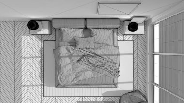 Modern yatak odasının tamamlanmamış projesi, büyük panoramik pencere, çift katlı halı ve puf, ringa kemiği parke döşemesi, minimal iç tasarım, mimari, üst manzara, plan, yukarıda