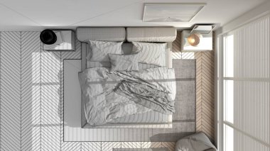 Mimari iç mimar konsepti: tamamlanmamış proje gerçek, modern yatak odası, büyük panoramik pencere, halı ile çift yatak, minimal iç tasarım, üst görünüm, plan, yukarıda