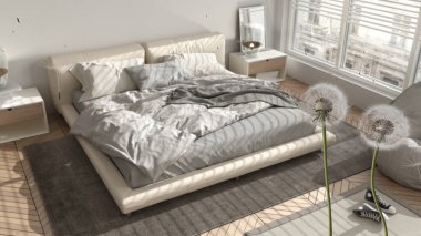 Kabarık tüylü karahindiba tohum sporlarını modern yatak odasına, panoramik pencereye ve açık alana saçıyor. İç tasarım fikri. Değişim, büyüme, hareket ve özgürlük kavramı