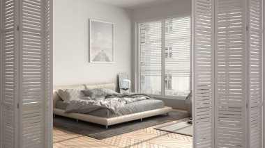 Minimalist modern yatak odasında beyaz katlı kapı açılıyor. Çift yatak, parke döşeme, beyaz iç tasarım, mimar tasarım konsepti, bulanık arka plan.