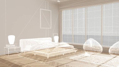 Beyaz duvarları ve herringbone parke ahşap zemin, özel mimari tasarım projesi, beyaz mürekkep çizimi, modern yatak odasını gösteren plan, mimari fikir.