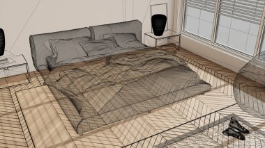 Boş beyaz iç mekan, beyaz duvarlar ve herringbone parke ahşap zemin, özel mimari tasarım projesi, siyah mürekkep çizimi, modern yatak odasını gösteren plan, üst manzara, plan, yukarıda