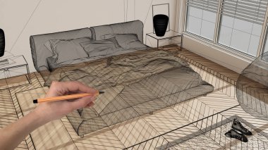 Ahşap parke zemin, el çizimi, özel mimari tasarım, siyah mürekkep çizimi, yatak odası, konsept, üst görünüm, plan, modern yatak odasını gösteren plan.