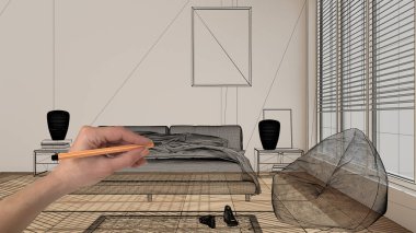 Ahşap parke zemin, el çizimi, özel mimari tasarım, siyah mürekkep çizimi, modern yatak odasını çift yatak odalı, konsept, model, fikir