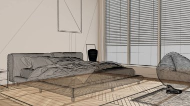 Beyaz duvarları ve herringbone parke ahşap zemin, özel mimari tasarım projesi, siyah mürekkep çizimi, modern yatak odasını gösteren plan, mimari fikir.