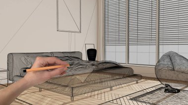 Ahşap parke zemin, el çizimi, özel mimari tasarım, siyah mürekkep çizimi, modern yatak odasını çift yatak odalı, konsept, model, fikir