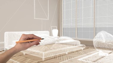 Ahşap parke zemin, el çizimi özel mimari tasarım, beyaz mürekkep çizimi, modern yatak odasını çift yatak odalı, konsept, taklit, fikir içeren planlar.