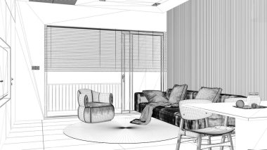 Proje taslağı, modern oturma odası, panoramik pencere, yuvarlak halılı koltuk, yemek masası, ada. Döşeme döşemesi, iç tasarım.