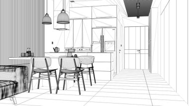 Proje taslağı, kanepeli modern oturma odası, sandalyeli yemek masası, adalı mutfak, aletler ve kolye lambaları. Mermer zemin, iç tasarım.