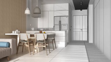 Mimari iç mimar konsepti: tamamlanmamış proje gerçek, kanepeli modern oturma odası, sandalyeli yemek masası, adalı mutfak. Mermer zemin, tasarım