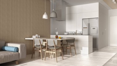 Bej tonlu modern oturma odası ve ahşap duvar detayları, kanepe, sandalyeli yemek masası, adalı mutfak, aletler ve kolye lambaları. Mermer zemin, iç tasarım.