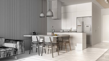 Mimari iç mimar konsepti: tamamlanmamış proje gerçek, kanepeli modern oturma odası, sandalyeli yemek masası, adalı mutfak. Mermer zemin, tasarım