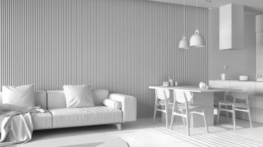 Tamamen beyaz projeli modern oturma odası kanepesi, sandalyeli yemek masası, adalı mutfak, aletler ve kolye lambaları. Mermer zemin, iç tasarım.