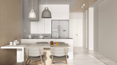 Bej renkte yemek odası olan modern mutfak ve ahşap duvar detayları, sandalyeli masa, kolye lambalı ada, alet edevat ve dekorlu. Mermer döşemeler, iç tasarım.