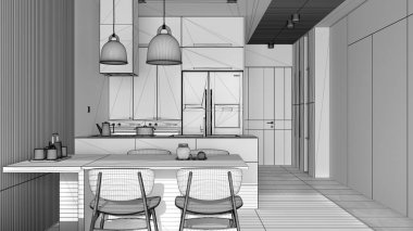 Yemek odası ve ahşap duvar detaylarıyla modern mutfağın tamamlanmamış projesi, sandalyeli masa, kolye lambalı ada, eşyalar ve dekorlar. Döşeme döşemesi, iç tasarım.