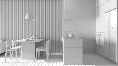 Ahşap duvarlar, kanepe, sandalyeli yemek masası, adalı mutfak, ev aletleri ve kolye lambaları olan modern oturma odası projeleri. Döşeme döşemesi, iç tasarım.