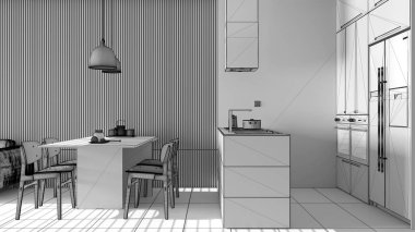 Tamamlanmamış modern oturma odası projesi ahşap duvarlı detaylar, kanepe, sandalyeli yemek masası, adalı mutfak, aletler ve kolye lambaları. Döşeme döşemesi, iç tasarım.