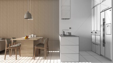 Mimar iç mimar konsepti: Tamamlanmamış proje gerçek, ahşap duvarlı modern oturma odası, sandalyeli yemek masası, adalı mutfak. Döşemeler, dizayn