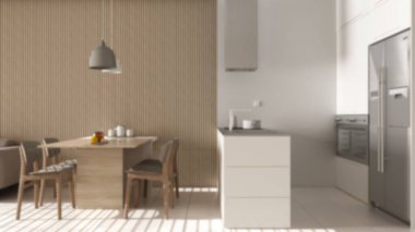 Arka plan bulanık tasarım, ahşap duvarlı modern oturma odası detaylar, kanepe, sandalyeli yemek masası, adalı mutfak, aletler ve kolye lambaları. Döşemeler