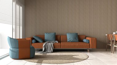 Turuncu tonlarda modern oturma odası ve ahşap duvar detayları, yastıklı kanepe, koltuk, yuvarlak halı, sandalyeli yemek masası, eşyalar ve dekorlar. Mermer zemin, iç tasarım.